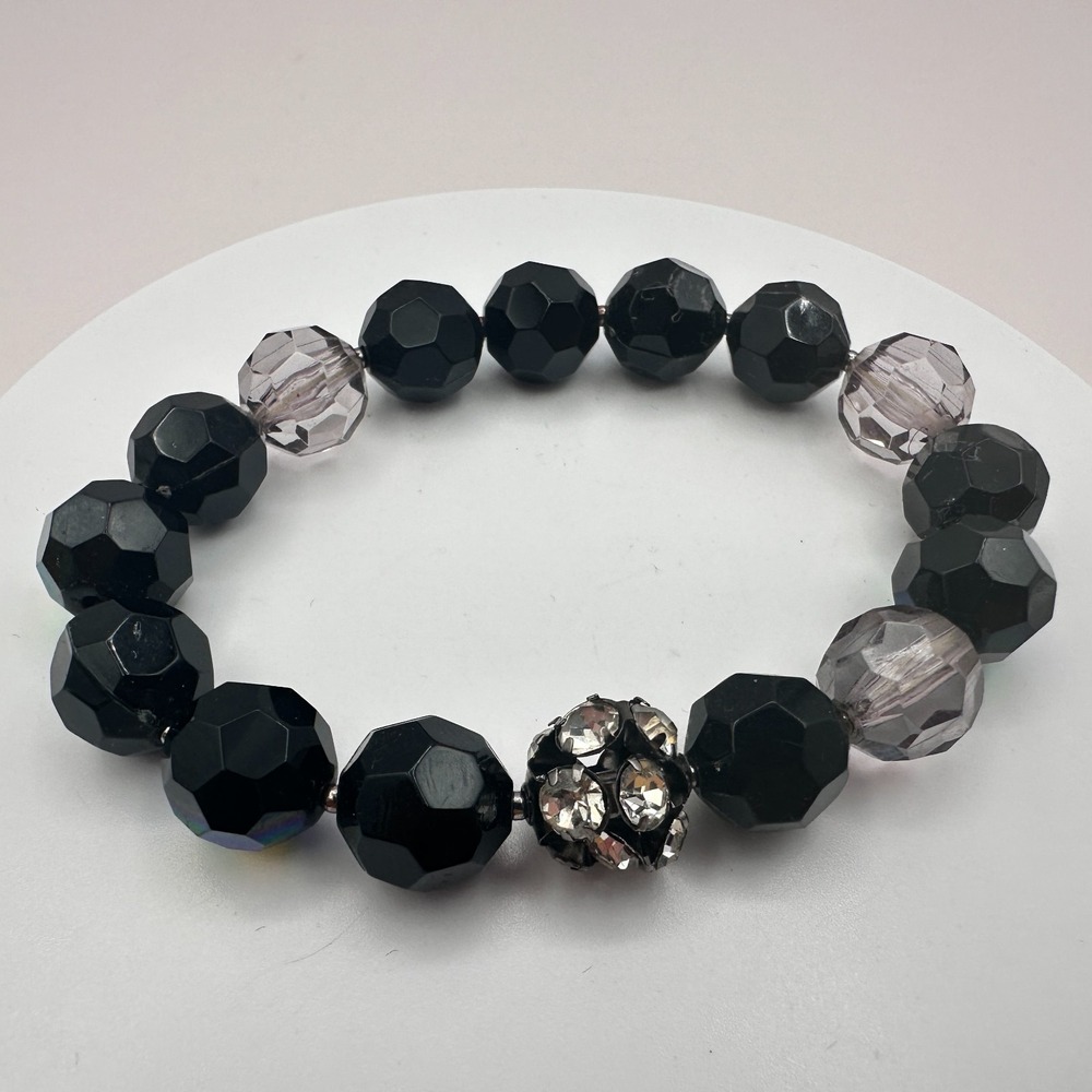 Vintage 90s Black Glass Bead Stretch Bracelet Aurora Borealis Disco Ball Jewelry
